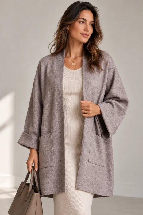Cardigan lung oversize din vascoza, cu buzunare aplicate si croi amplu, bej inchis