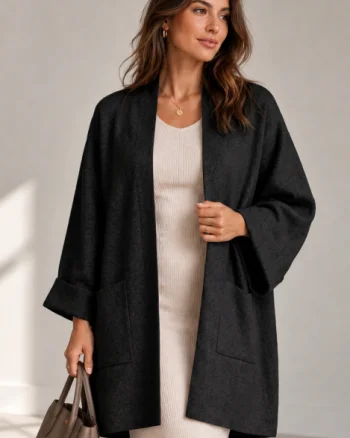 Cardigan lung oversize din vascoza, cu buzunare aplicate si croi amplu, negru