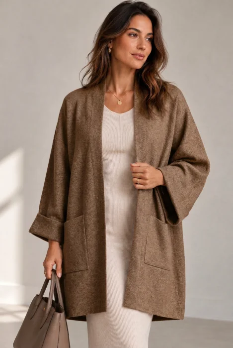 Cardigan lung oversize din vascoza, cu buzunare aplicate si croi amplu, camel