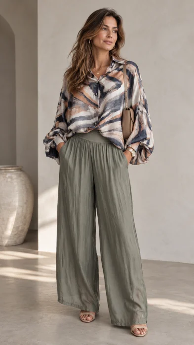 Pantaloni palazzo dama eleganti, largi, din matase si vascoza cu dublura, kaki
