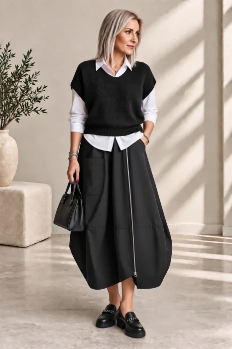 Pulover lejer cu maneci fluture si decolteu in V, negru