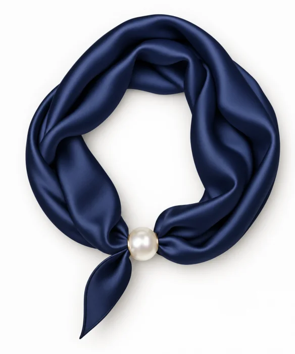 Esarfa colier satinata cu perla decorativa si inchidere magnetica, bleumarin