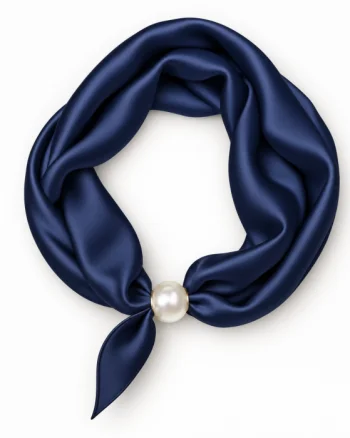 Esarfa colier satinata cu perla decorativa si inchidere magnetica, bleumarin