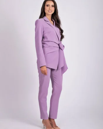Pantaloni eleganti lila cu croi conic si talie inalta