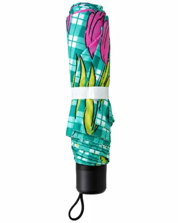 Umbrela pliabila pentru ploaie, 8 spite, diametru 97 cm, UMB071, Verde cu imprimeu lalele