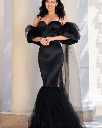 Rochie de seara tip sirena Kandia neagra cu maneci detasabile