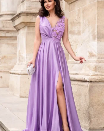 Rochie eleganta lunga din tafta lila Saturn cu flori 3D