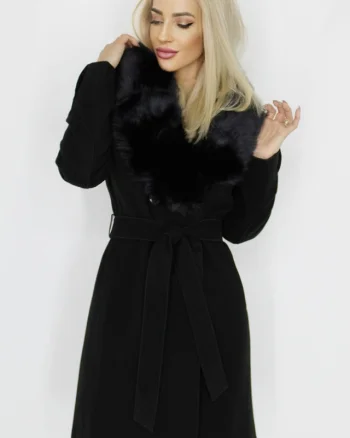 Palton din lana Exclusive, cu guler din blana si cordon in talie, Negru