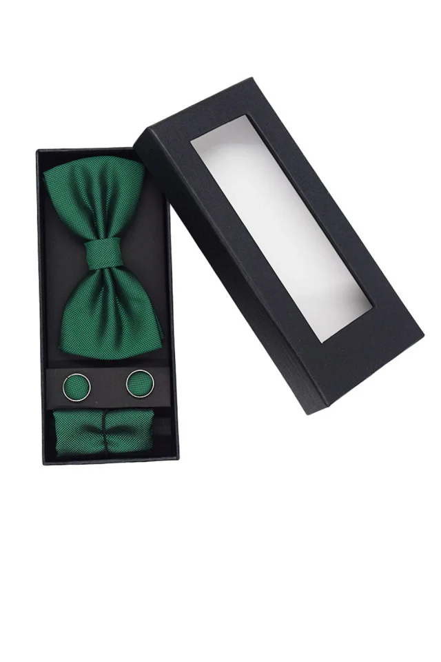 Set 3 piese Elegant, pentru barbati, papion, buton si batista din stofa, verde, EG012