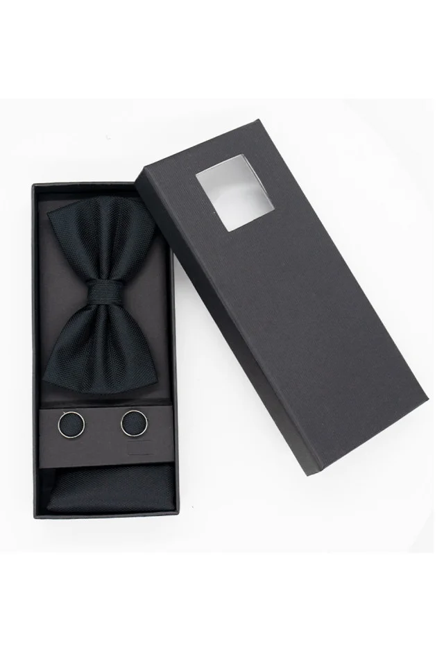 Set 3 piese Elegant, pentru barbati, papion, buton si batista din stofa, negru, EG015