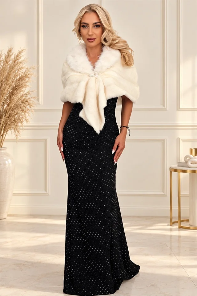 Capelină de ocazie Damaris, din blană ecologică, cu glugă, Alb, Marime OneSize
