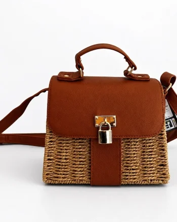Geanta crossbody Eda, din rachita si piele ecologica, Maro ciocolata