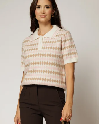 Bluza din tricot cu romburi roz cu maneca scurta si guler