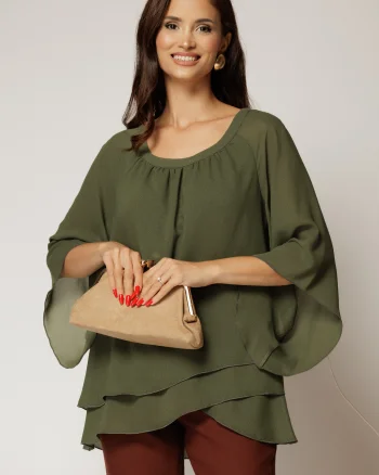 Bluza kaki cu fir lurex discret din voal cu volane suprapuse