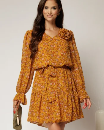 Rochie scurta galben mustar cu imprimeu floral si volanas la baza