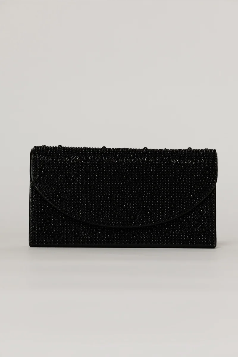 Clutch negru metalizat cu clapeta curbata si decoratii aplicate