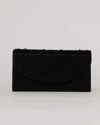 Clutch negru metalizat cu clapeta curbata si decoratii aplicate