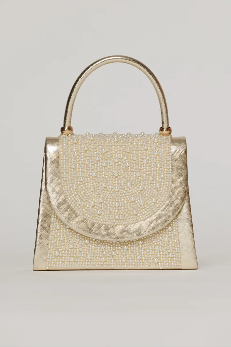 Clutch elegant auriu decorat cu perle si margele
