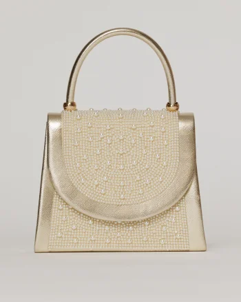 Clutch elegant auriu decorat cu perle si margele