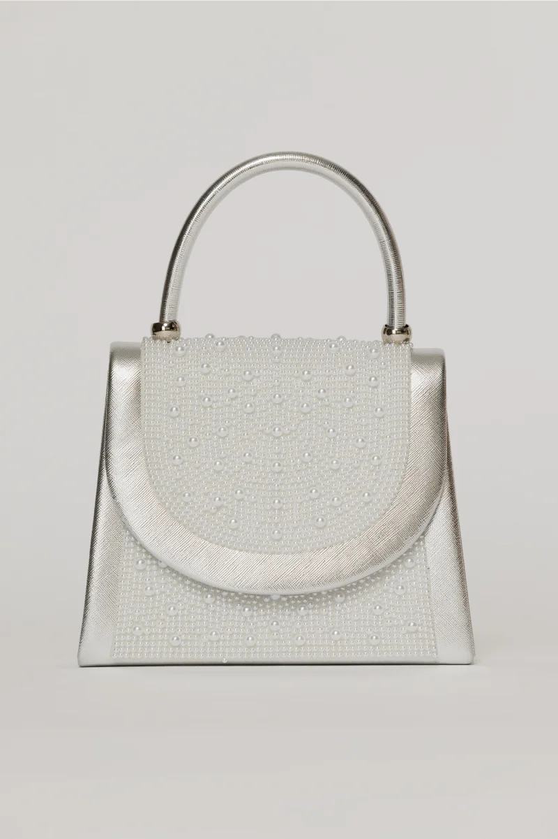 Clutch elegant argintiu decorat cu perle si margele