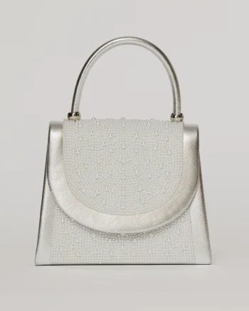 Clutch elegant argintiu decorat cu perle si margele