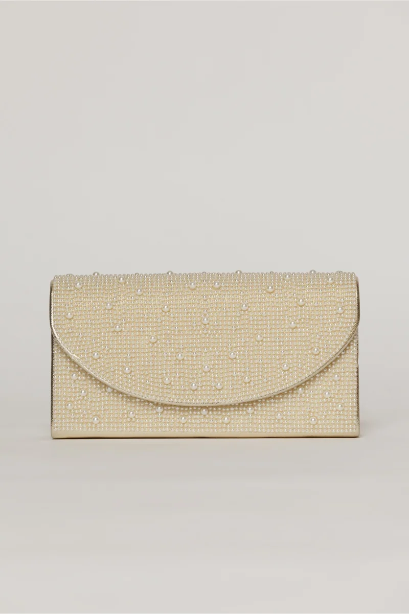 Clutch auriu metalizat cu clapeta curbata si decoratii aplicate
