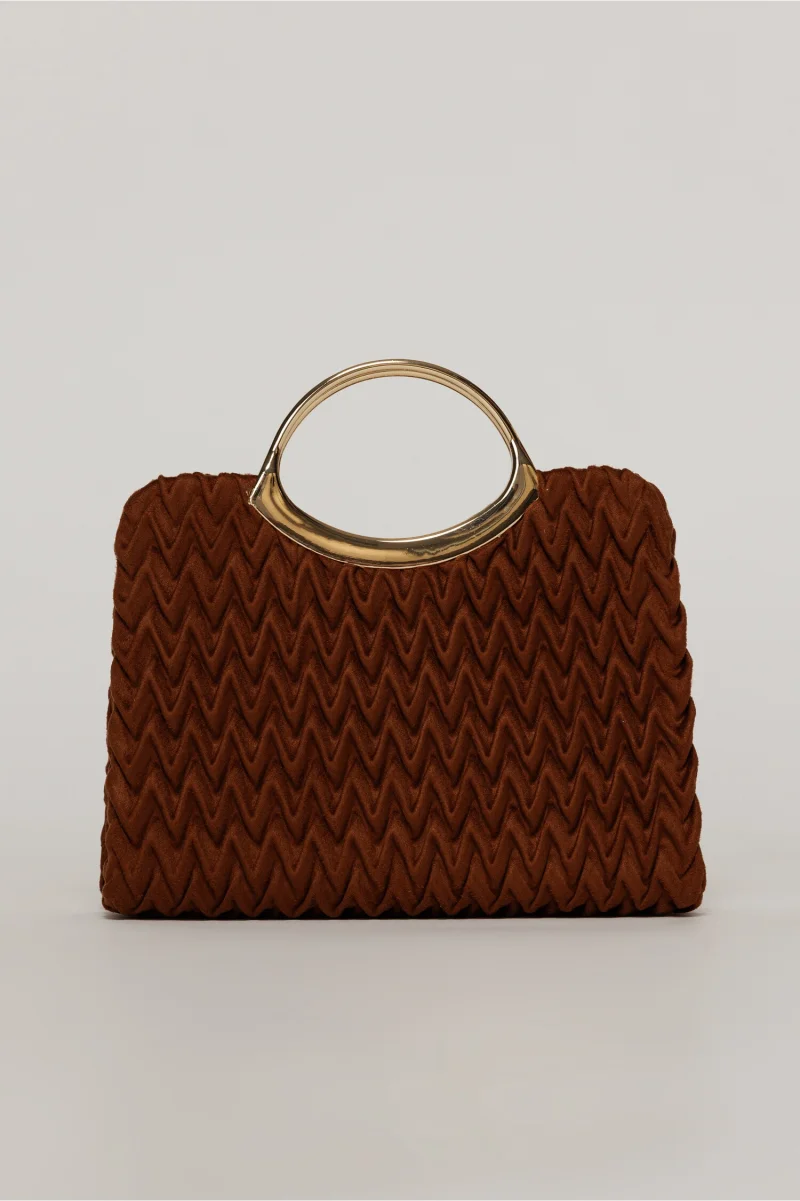 Clutch elegant caramiziu din piele ecologica intoarsa cu design modern