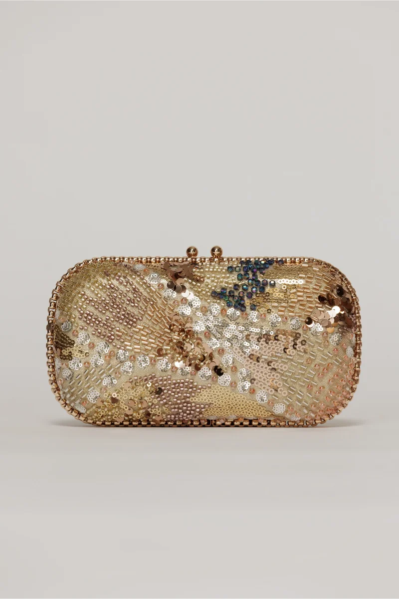 Clutch de ocazie auriu cu margele si paiete