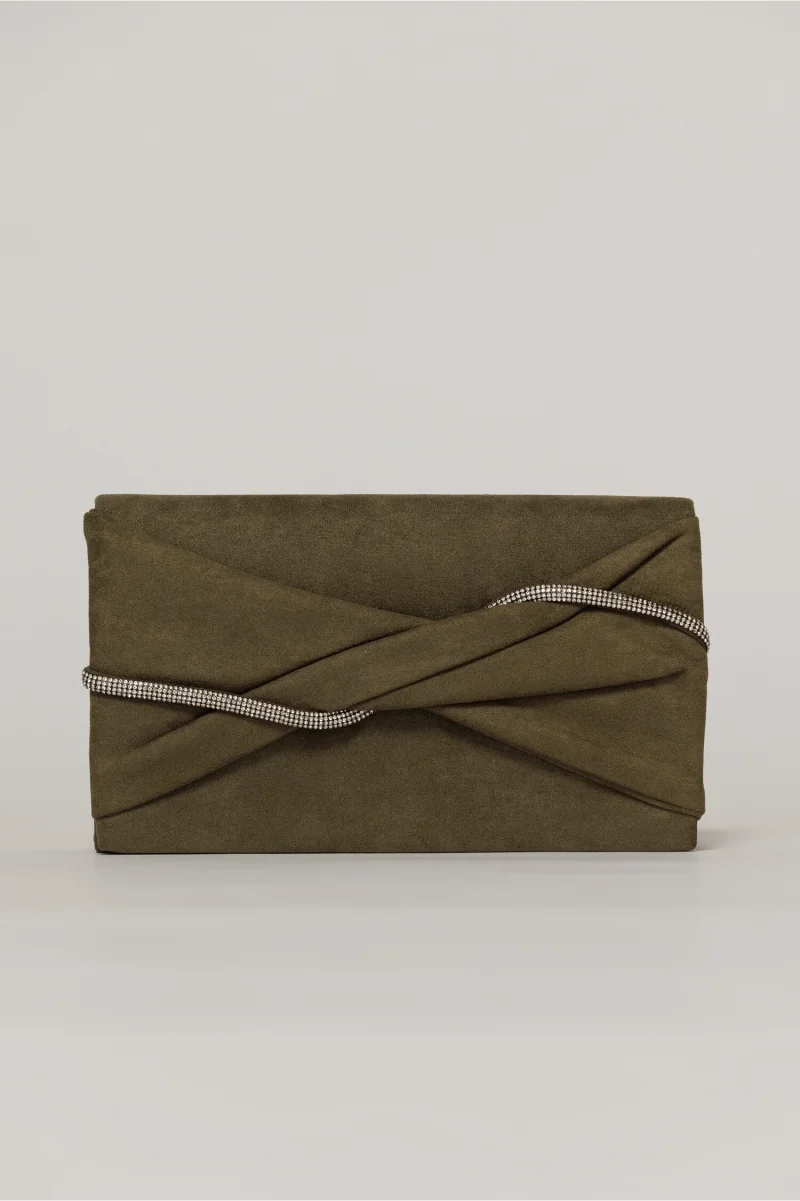 Clutch kaki elegant cu clapeta design impletit si detalii stralucitoare