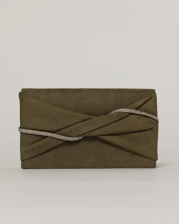 Clutch kaki elegant cu clapeta design impletit si detalii stralucitoare