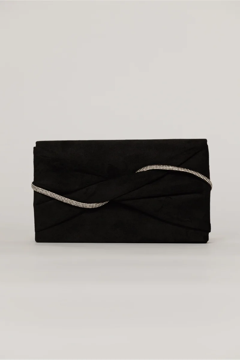 Clutch negru elegant cu clapeta design impletit si detalii stralucitoare albe