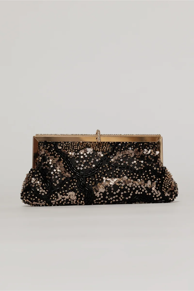 Clutch plic negru cu paiete si margele aurii