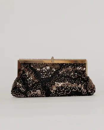 Clutch plic negru cu paiete si margele aurii