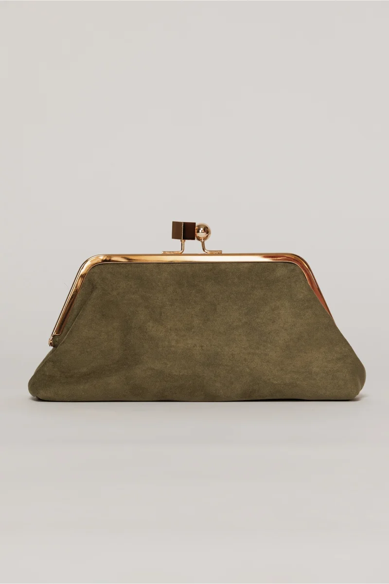 Clutch plic kaki catifelat cu inchidere metalica aurie