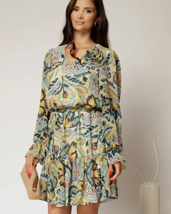 Rochie scurta ivoar cu imprimeu bleu si galbene si volanas la baza