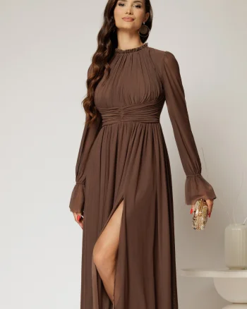 Rochie DY Fashion midi maro din tulle fin in clos cu crapatura pe picior