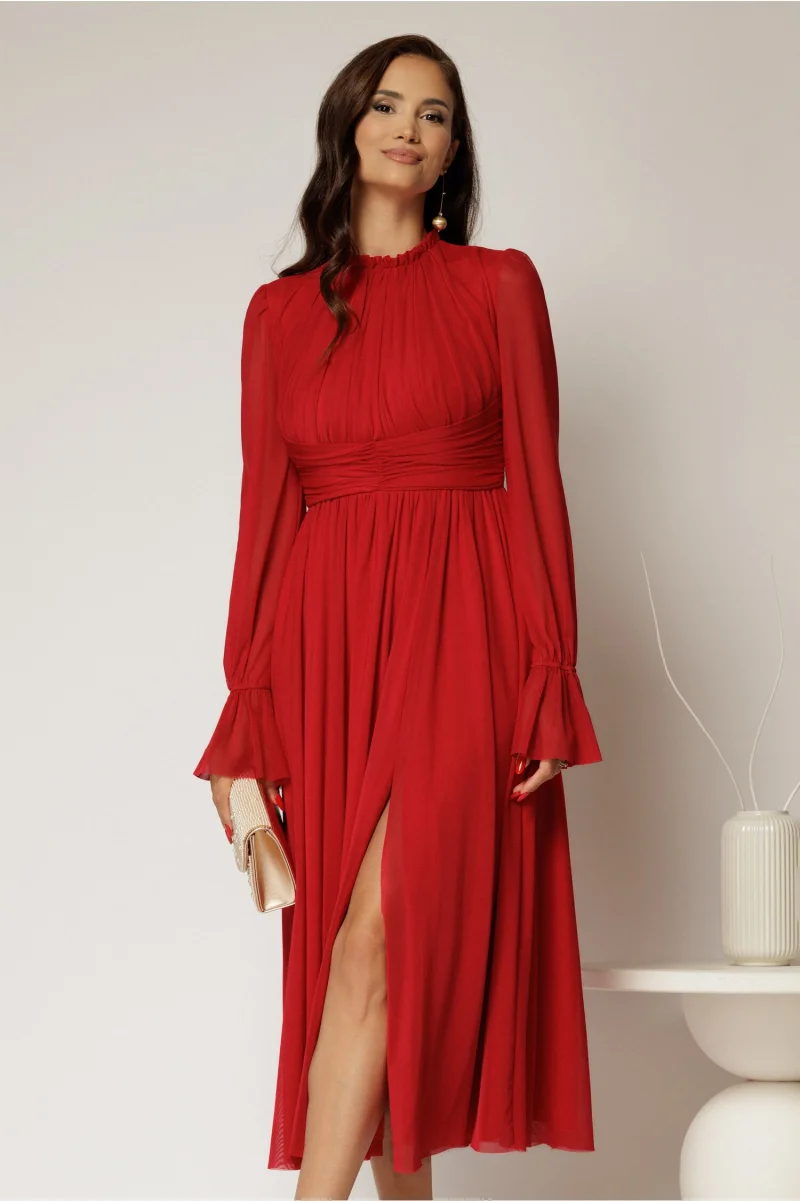 Rochie DY Fashion midi rosu inchis din tulle fin in clos cu crapatura pe picior