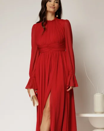 Rochie DY Fashion midi rosu inchis din tulle fin in clos cu crapatura pe picior