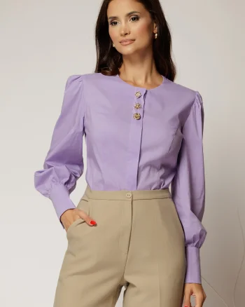 Camasa DY Fashion lila din poplin cu croi cambrat si nasturi decorativi