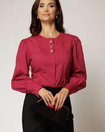 Camasa DY Fashion magenta din poplin cu croi cambrat si nasturi decorativi