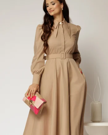 Rochie DY Fashion bej din poplin cu guler dublu si curea in talie