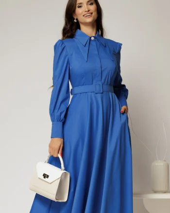 Rochie DY Fashion albastra din poplin cu guler dublu si curea in talie