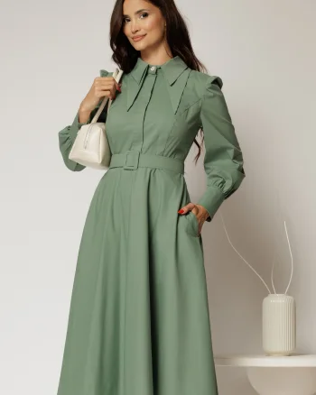 Rochie DY Fashion verde fistic din poplin cu guler dublu si curea in talie