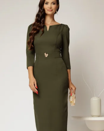 Rochie DY Fashion conica kaki cu decupaj la bust si accesoriu pe talie