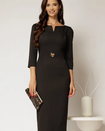 Rochie DY Fashion conica neagra cu decupaj la bust si accesoriu pe talie