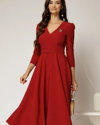 Rochie DY Fashion rosu inchis clos cu decolteu V si curea in talie