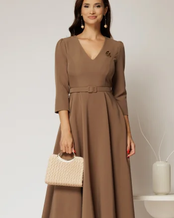 Rochie DY Fashion bej clos cu decolteu V si curea in talie