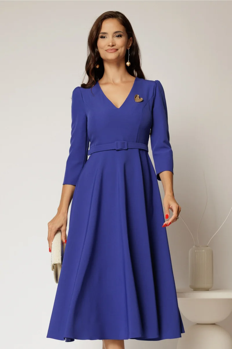 Rochie DY Fashion albastra clos cu decolteu V si curea in talie