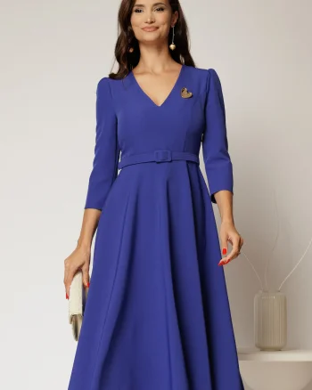 Rochie DY Fashion albastra clos cu decolteu V si curea in talie
