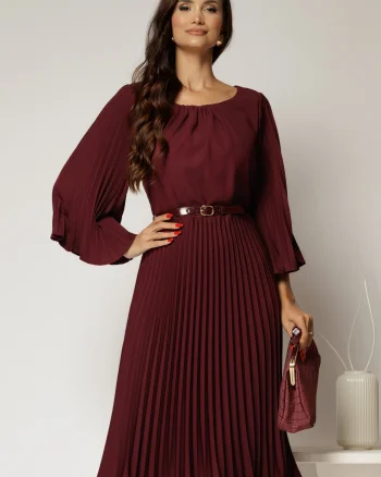 Rochie midi magenta plisata cu croi clos si decolteu rotund cu pliuri
